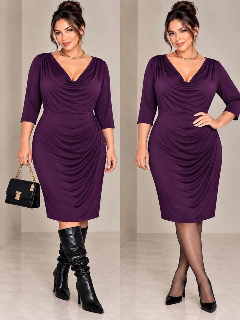 Lauren Ralph Lauren Purple Cowl
Neck Ruched Dress 3/4 Sleeve 18